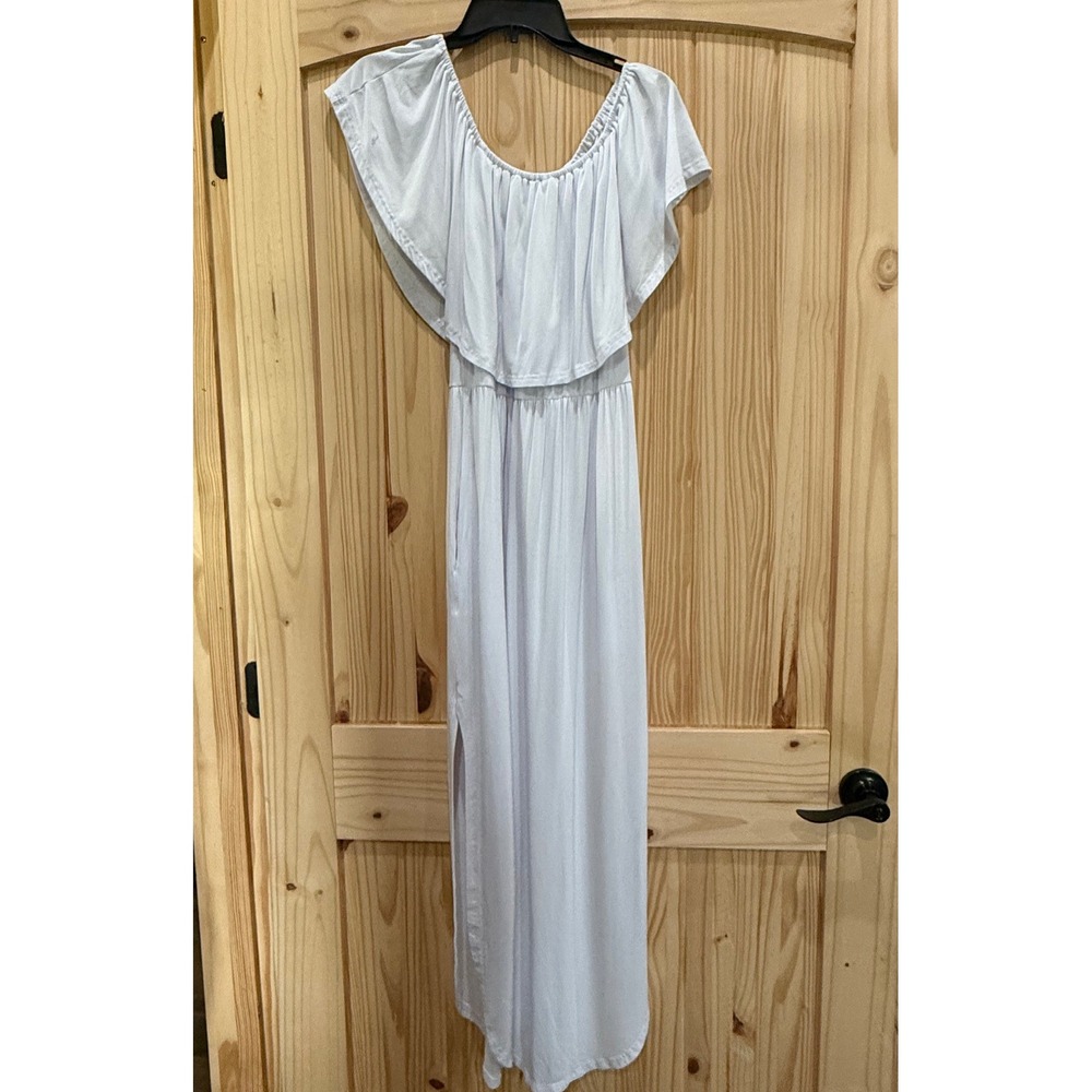 White Off The Shoulder Ruffle Maxi Dress Side Slit Pockets Size Medium